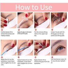 Load image into Gallery viewer, Step-by-step guide for using Lash Lift Kit - At-Home Lash Lift | Salon Results, 8 Weeks, showing eyelash cleansing, perming, and nourishing process.
